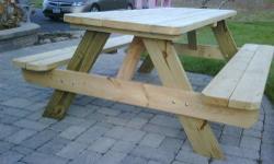 These picnic tables are brand new and made of the best quality pine wood. The table legs are made of pressure treated wood for ultimate strength and durability. They are professionally assembled with 16 bolts and 50 wood screws. The table tops measures 6