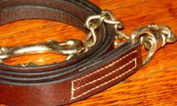 Gatsby - new leather lead rope- Havana/dark oil - 7' long, 20" chain - $20
Schutz Bros. - new leather lead rope- Honey/medium oil - 5'9" long, 24" chain - $18
Nylon new lead (wine color/deeper than pictured) - 8' long - $7
Cotton new leads (purple/black)