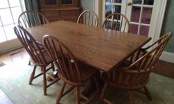 Solid oak furniture hand-made in Wingdale, NY. One trestle table 65"w x 38"d x 30"h; Spoonback chairs with spindle construction: 6 side chairs, 2 arm chairs; 3 Bentwood stools with swiveling saddle seats 24" high; buffet 42"w x 18"d x 32"h; corner