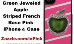 Awesome Pink iPhone Case. A jeweled Green Apple on a French Rose candy striped pink case. An exceptionally beautiful and unique case. This eye-catching phone case is a great gift for a pink aficionado. Check out the other amazing pink iPhone and iPad