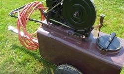 Antique John Bean tow behind sprayer. Briggs & Stratton engine, pump, hose, nozzle and tank. The unit was gone through and was working when put into storage. Sprayer Depot lists a new similar piston pump for $1,738.50. The tank has been epoxy painted to