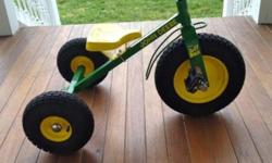 John Deere Tricycle - Super heavy duty tricycle, great shape, only markings are a scuff on back of seat and handlebars. Sell new for $100 to $115 --- selling for $30.
Specifics: 32 pounds, 27.7 x 24 x 7.3, ages 3 years and up.