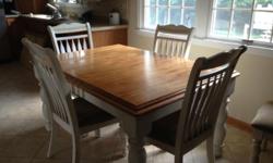 Oak top kitchen table, off white legs and six upholstered chairs