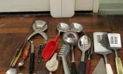 -2 vegetable scrapers
-Oxo can and bottle opener
-jar opener
-1 melon scooper
-1 tea infuser
- 1 slotted spoon
-1 small cutting board
-1 pie server
-2 egg poachers
Some are vintage utensils.-$45
Vintage Baking Utensils
-4 aluminum measuring spoons-$8
Each