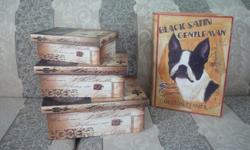 Boston Terrier , Large decorative storage box.
Measures 14 1/2" x 10 3/4" $ a set of 3 ...
Set of 3
small measures -9 1/2 x 61/4 x 3 1/4
med. --8 x 11 1/2 x 4 1/4
lg. -- 9 1/2 x 13 x 5
All for $10 ... Can be used as gift boxes filled with tissue paper and