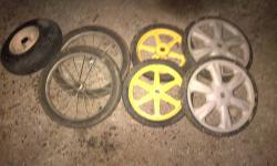 10"-12" inch wheels for high wheel mowers, lawn carts or whatever, and a wheelbarrow wheel. $5ea or $15 for all.
Lawn seeder, metal with 21" path straight drop. $10
Lawn seeder by scotts, rotary spread, plastic hopper. $10