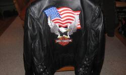 Mens large leather Harley Davidson jacket. It's in FANTASTIC condition!!! No rips, tears or blemishes in the leather. Zippers all work great. Please contact with any questions or offers. 607-237-6726