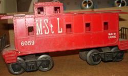 USA SHIPS FREE!
For sale is one (1) O scale vintage SQUARE WINDOW CABOOSE from LIONEL.
You will receive:
* 1 - Minneapolis - St. Louis Square Window Caboose; Road #6059
It is in Fair/Good Condition. There is light rust on the axles and underside. There is