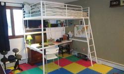 Full size white metal loft bed (without mattress) includes desk,shelf and matching chair. In great condition. Used twice a month for a year. Have all books and instructions. Cash and pick-up only please.
