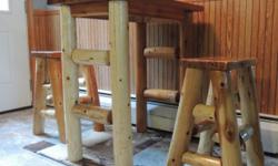 Handcrafted from white cedar logs and red cedar tops
Beautiful finish
Table: 22" x 32" and 36.5" H
Stools: 24" H