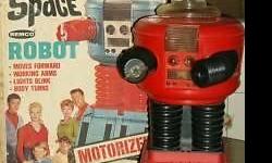 For sale is a Vintage Battery Operated Lost in Space Robot in Box made by Remco Toys.
This was mfg in the 1960s during the time when Lost in Space was firsr airing on TV and it comes in it's original toy box and it is incomplete and is priced for the