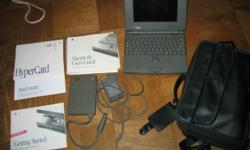 Mackintosh Powerbook 100, SOLD A IS. Vintage laptop with multi section carry case/briefcase. Include HDT 20 external 1.4 MB floppy disk drive and AC adapter. Disks: Install 1 and 2, "Tidbits", "Fonts", 3 Adobe Photoshop disks. Macintosh User's Guide