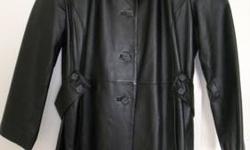 Madison & Max woman's black leather coat. Size 2X. Belted on the sides and back. Paisley lining. Excellent condition.