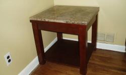 Beautiful marble-top end table, 24" x 24" x 24". Genuine marble top; solid wood with beautiful reddish brown stain. Perfect brand-new condition; kept in smoke-free home. Paid $250 a couple years ago, selling only because I rearranged my living room and no