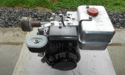 Briggs and Stratton engine converted to minibike use. Probably 3 HP? The engine is in very good condition - it's the carb that needs attention. It likes to flood when starting. Once started it will run OK. I am replacing it with a bit newer engine.
You