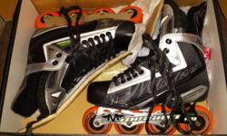 Size 9.5 men's hockey roller blades in good condition. They were heated to fit but never did fit right were too tight. One boot is scuffed on top. Come with the used outdoor orange wheels on the skates plus unused set of green indoor wheels.