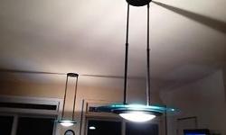 Contemporary glass & black hanging light fixture. I have 2 large hanging for over a table or island and 1 small matching semi flush fixture. Each is $50 and I will sell separately. Both can go on a dimmer switch.