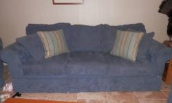Blue, sofa loveseat chair and ottoman for sale in great condition. There are no noticeable stains, tears or areas of wear and comes from a clean, non-smoking home. The back cushions and seat cushions on each piece are removable and bottom cushions have