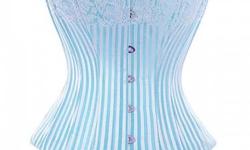 Steel Boned Sky Blue Brocade Overbust Corset Reduces waistline by up to 4 inches, and flattens the tummy. 16inches from top to bottom of front steel busk. Steel boning and busk, back lacing, fully lined using Organic Cotton . Product Details Corsets