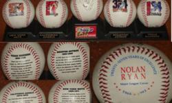 For sale is one (1) Nolan Ryan 27 YEARS of EXCELLENCE BASEBALL SET
Nolan Ryan's career achievements put him in Cooperstown on July, 1999, when he was inducted into the Hall of Fame!
Commemorate his remarkable career with the "Nolan Ryan 5-Ball Set," four