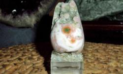 Ocean Jasper Polished-Gemstone-This beautiful polished very rare specimen of Ocean Jasper has such a pretty glitter of crystals on the front of the specimen. Origin: Idar Oberstein/Germany. Colors light gray/ green, white, etc. On a plastic base of