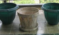 Please provide telephone number in your response. Appointments are made by phone only. Sold items are deleted promptly. Thanks.
OVERSIZE PLANTERS. All made of plastic.
ROUND: Two green with interesting Greek key design stand 11" high and 13 1/2" diameter.