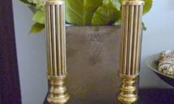 Pair of Brass Pillar Candlesticks, made in Hong Kong. From 1980s. Never used. 12 1/4" tall, 4.5" across base. Nice ribbing effect on stems