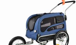 new pet jogger/bike trailer/stroller. size medium.Features:
Constructed from power coated steel frame and waterproof 600d polyester with anti-slip leather floorboard.
Pets enter easily through zippered rear door
Front door includes zippered mesh screen