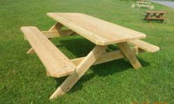 pic1 -- Pressure treated picnic table with extra wide top and tip resistant base. $150
pic2 -- Pressure treated table with separate benches two 6 foot benches and two 24 inch benches -- $225 or $180 without the end benches
pic3 -- 4' Benches $75 each or