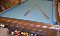 Gandy Big G Pool Table for Sale. Regulation size same as found in a pool hall. Measures 63" wide 114" length. Good condition , automatic ball return. Price includes balls, racks, cover, cues.