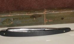 PYRAMID BRAND 7N STRAIGHT RAZOR IN BOX
RICHARDS RAZORS; MAKE ME AN OFFER I CAN'T REFUSE!
This is a Pyramid Brand Straight Razor. The razor is marked:
GENEVA CUTLERY CORP. GENVEA, NY. USA, inside the Pyramid marking on the tang
is stamped 'N7'. This