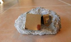 Pyrite Crystal on Matrix from Spain-You are looking at a very bright and quite beautiful display Specimen from Navajun La Rioja, Spain. It features Four cubes, but 3 cubes are combined together MIRROR-BRIGHT cubes of Golden Pyrite artfully positioned in a