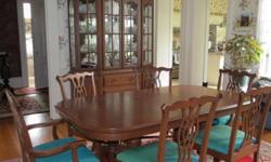 Formal Solid Cherry Dining Room Set with Large China Cabinet
Custom-crafted by Canal Dover Furniture Co. Midvale, Ohio
**Pedestal Style table (59" long) with four (4)-12" self-storing leaves; with leaves 107" long
table pads included
**6 Upholstered