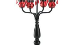 Five red faceted round jewels top this black based candelabra. Each candle holder is surrounded by four dangling jewels for spectacular lighting effect of any area. Iron and acrylic. Tealight candles not included. 10" diameter x 17 3/4" high.