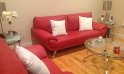 Real Red leather 3 piece couch set and 3 glass and chrome tables like brand new never used plus 2 silver lamps and 2 round shag rugs
Or best offer