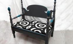 Antique twin headboard made into a bench and painted in charcoal gray with teal accents.
Measures 40" wide x 22" deep x with a 42" high back post.
Come check it out in person. http://reclaimedhome.com/hours-and-directions/