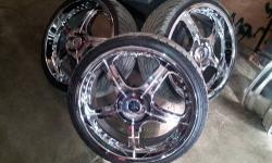 hi, i have for sale 3 sets of rims, #1 20" chrome rims needs 1 tire good condition minor scratches $500, #2 20" black rims with chrome lips 1 tire has wear on both sides from rubbing on the back and rear tires are wider then the front some curb and