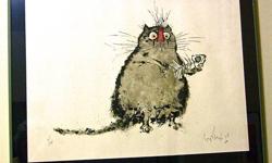 Framed in olive green metal with a black mat, this typical Searle cat, whose eyes are bigger than his tummy, seems to be saying, "I can't believe I ate the whole thing!". 21" High X 28" Wide
Call: 212-690-2881
(If this ad is posted, it means it is still