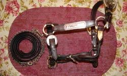 Royal King silver/leather miniature horse show halter with matching leather lead rope. Measurements: 23-28" poll, 8-1/2" cheek (to outer rings) & 20" nose band. Will fit a large head on an A size or a B size miniature (larger than it appears pictured.)