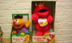 SET OF 4 SESAME STREET TICKLE ME ELMO,TICKLE ME ERNIE,TICKLE ME COOKIE MONSTER,AND A SING AND SNORE ERNIE.THESE ARE ALL IN THERE BOXES BUT ARE A FEW YEARS OLD.55.00 CASH AND CARRY