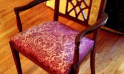 This lovely Sheraton-Style Chairs have:
? straight lines and overall delicacy
? upholstered seats
? back support designs: lattice-work, and armchairs a distinct?Sheraton touch.
? straight legs
Arm chair & Side chairs $100 each
PRODUCT INFORMATION
Size:17"