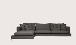 Description: Modern Style Sofa / Sectional 120"W x 68"D Chaise x 26"H -
Seat ht. - 15"H Left or Right facing available
Solid construction: Polished chrome frame
Fabric:Beige#01 or Grey with Brown#08 Reg.$3750. / $2450.
Fabric:Godiva Cotton Grey#48-Grey
