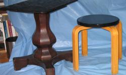 LARGER PLANT STAND OR SMALL SIDE TABLE OR STOOL
. DISPLAY OBJECTS OF ART:
.. All wood stool or stand. Four blond bent wood legs. Round black painted top. 10 1/4" diameter. 12" high. $9
Please click on "View all ads" on the right to see album of items for