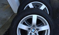 4 Dunlop Winter Sport 3D run-flat snow tires for BMW 5 series mounted on Rial Salerno silver wheels. Size 225/55/17 with Tire Pressure Sensors and BMW emblems. Used less than 2,000 miles on my wife's 2013 BMW
528 x drive. Original cost $1,400.