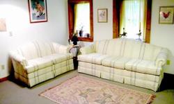 Sofa and love seat set, in excellent condition. From a living room that was used only for guests, in a smoke and pet free home. Classic camel-back design.
Very comfortable; firm cushions. No tears or wear, practically like new. Couch measures 80"W x 36"D