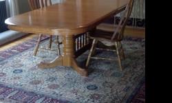 Quality Solid Oak Double Pedestal Dining Room Table
Made In the USA
-measures 42? x 60? and will extend to 96? with two 18? leaves
-double pedestal base with a spindle stretcher creating a mission cottage look
-excellent condition
-available for pick-up