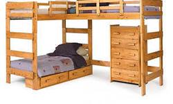 Combining casual design with function, this loft bed will be perfect for a bedroom in your home. The bed features two lofted beds and a built-in futon for a stylish, functional design. An open area underneath one of the beds offers a place to store a