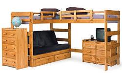 Combining casual design with function, this loft bed will be perfect for a bedroom in your home. The bed features two lofted beds and a built-in Bed for a stylish, functional design. An open area underneath one of the beds offers a place to store a