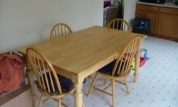 Pine country style table and 4 chairs
Good condition .
Table top could use a refinish . Still looks good.
Chairs all solid and sturdy.
Table solid and sturdy
dimensions are is 60x36x30
leave message at the number.
Thanks