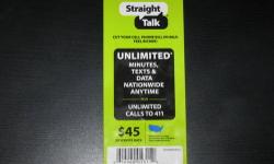 Recently purchased Straight Talk service/airtime card. 30 days UNLIMITED usage (talk, text, web) with nationwide coverage. The card was never activated/PIN is not scratched off. Activation instructions are on the back. The card is $45 for 30 days of